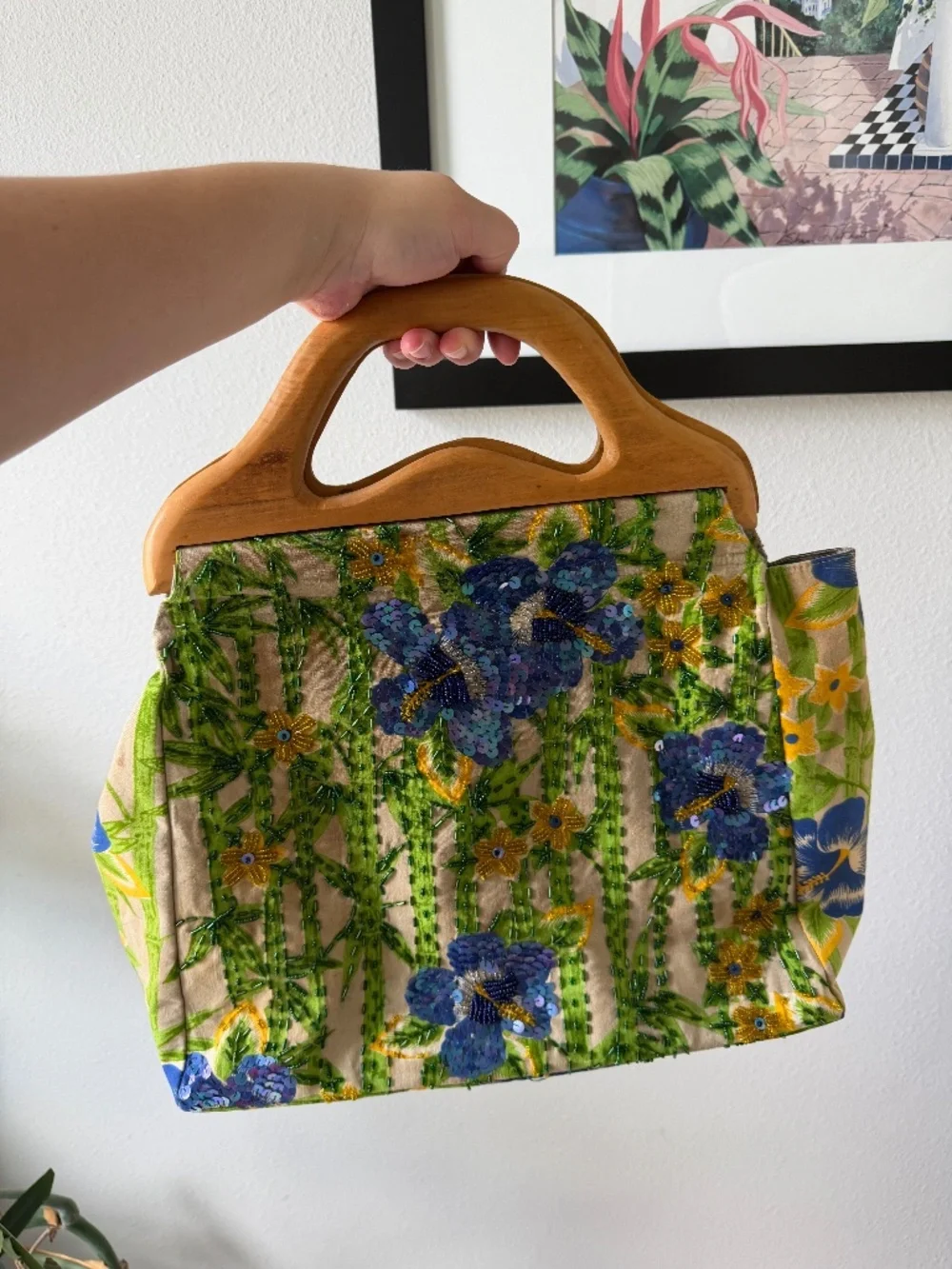 Vintage Mystique Beaded Floral Wood Handle Summer Bag Art to Wear ONE OF A KIND